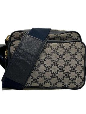 CELINE Macadam Light gray Dark Navy Jacquard Leather Shoulder Bag